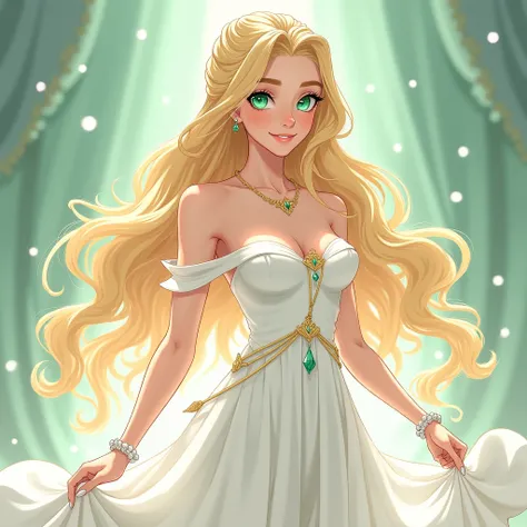 ((Japanese Anime style, bust up, high Definition)) Shes a princess of aetheria, her eyes are emerald green, her face is very beautiful and cute, medium sized breasts, a nice and slim body, shes 160 cm tall, fairly long blonde hair and also still 1. She wor...