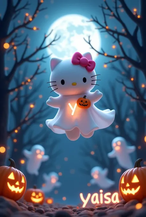 Imagine a Halloween night scene where Hello Kitty is happily floating in the air, dressed in an adorable ghost costume. Her white dress has a soft and billowing shape, with the letter “Y” written in the center of her dress, radiating a bright and ghostly a...