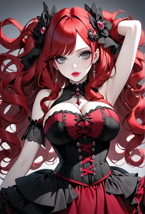 Woman, with very long curly red hair, with gray eyes, she is wearing a red gothic corset dress, wears hair decoration, has big boobs, she has pretty pink lips, with pale skin, jewelry 