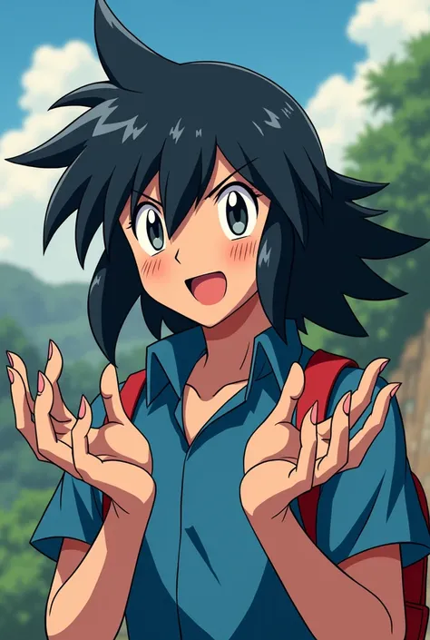 Ash with long hair skin color minus the gray face ticks on the finger shark teeth classic pokemon anime style please ash and man