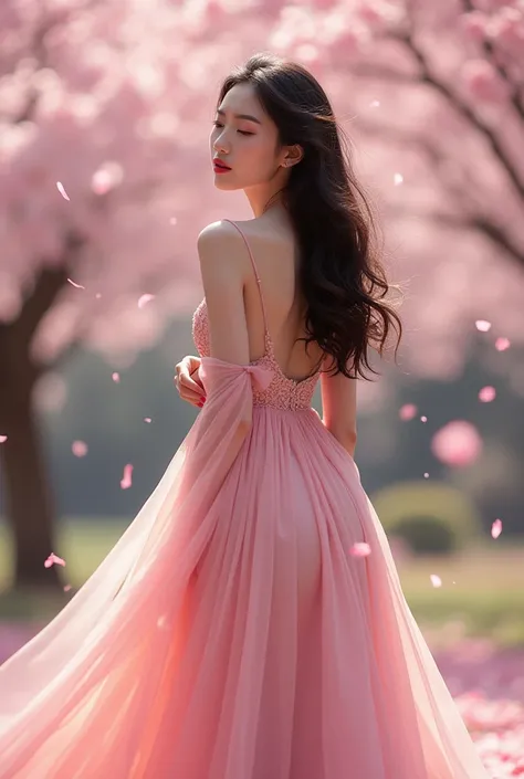 Create a image of a beautiful thai women wearing a sexy long gown dress standing in cherry blossom in pink photography 