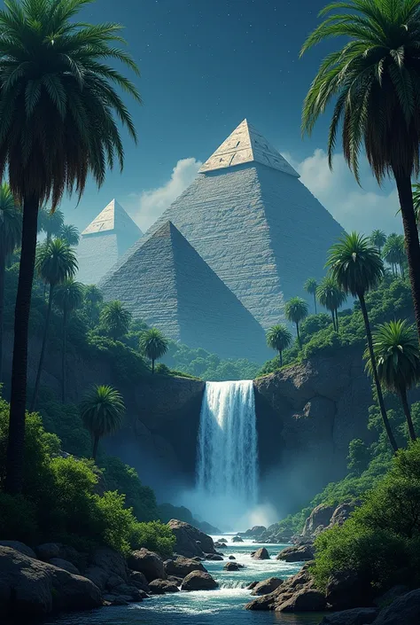 landscape vegetation waterfall،pyramids high quality, palms high quality, black sky 