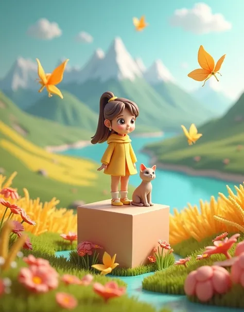 3d scene is created, a cute  stands on tiptoe on a tall square box, a kitten snuggles up to the girls heel, carefully observing the yellow tip of the plant several large dew drops fall from the top of the leaf, the leaf and dew are close-up, surrounded by ...