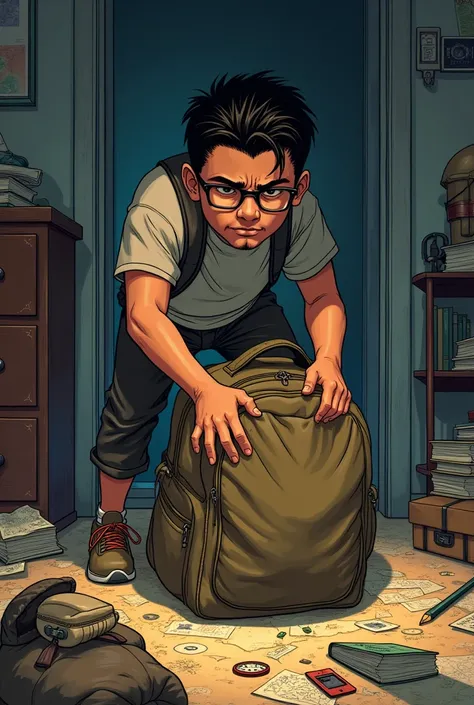 Page 3

Top Panel (Mohamed’s Room)

Description: Mohamed’s room is in disarray, reflecting his frustration. Items are scattered around as he frantically packs his belongings. His small,  figure is shown with a determined, angry expression. His glasses are ...