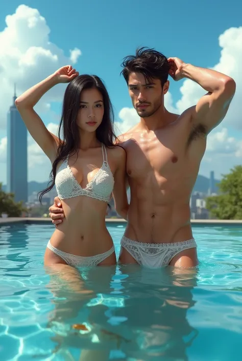 Couple of man and woman swimming in swimming pool，Men have six pack muscles and chest hair，Raise your hands to expose your armpit hair，The white transparent triangle swimming trunks reveal belly button hair and pubic hair，The water-permeable and wet swimmi...