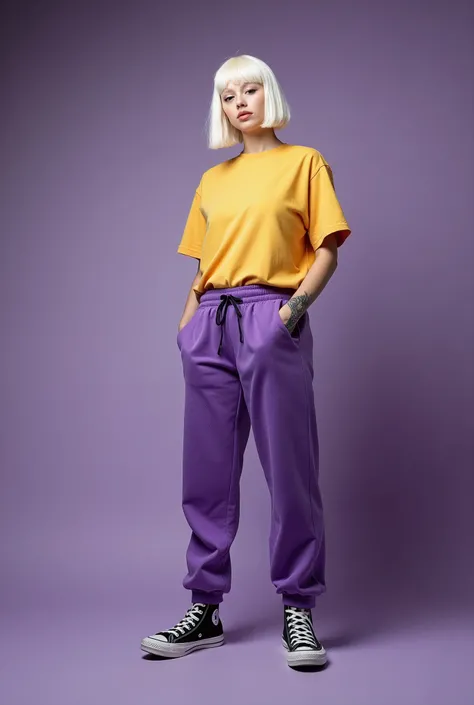 An albino woman model posing in a photo studio. The camera is positioned on the ground at a very low angle pointing upwards, using a wide-angle lens creating an exaggerated perspective of the model elongating her height. she is wearing All Star sneakers, p...