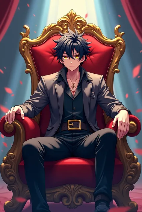 ((best quality)), ((masterpiece)), ((detailed)), ((high definition)), the cover of a fanfic in which the protagonist is reincarnated in the anime Tensei Shitara Slime Datta Ken. The protagonist is a  teenager, with golden eyes, and black hair, He sits arro...