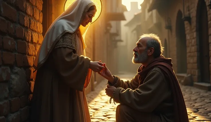 ultra-realistic image of an illuminated Saint Hedwig, helping a poor man sitting on a street corner, she is blessing and helping him to get up