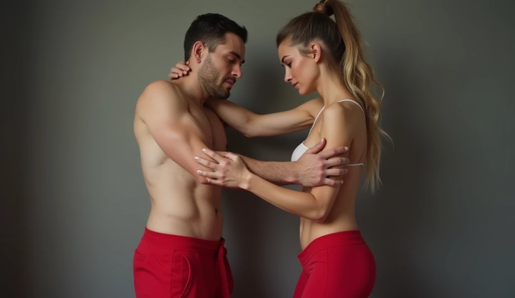 A 20-year-old man spanking a woman wearing red pants and big breasts 