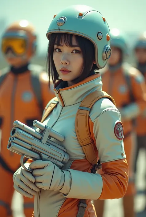 live-action、Real、Rugby Head Cap、Light blue and orange retro space suit-like design、boots、Thick gloves、Rugby Headgear、Beautiful Asian Woman 、Holding a ray gun that resembles a pile of dango dumplings、See who&#39;s watching