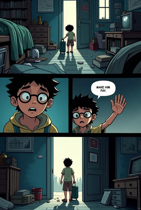 Page 3

Top Panel (Mohamed’s Room)

Description: Mohamed’s room is shown in a chaotic state, reflecting his frustration. His small, childlike figure is busy packing a bag with a sense of urgency. Items like books, maps, and personal effects are scattered a...