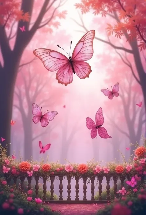 a picture of an enchanted forest ,with a pastel pink background several small pink butterflies and a large pink butterfly on top ,at the bottom a railing of flowers 