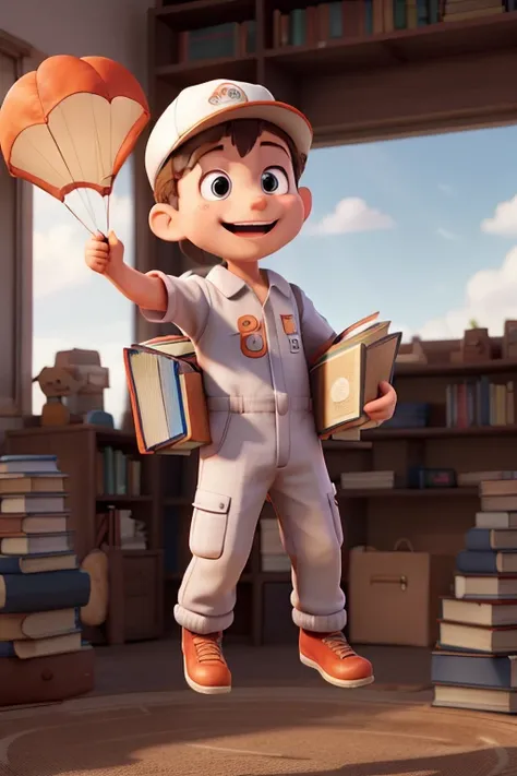 A child flying with a parachute in the shape of books. This child is wearing a red jumpsuit, a white shirt and a hat. He is very happy.