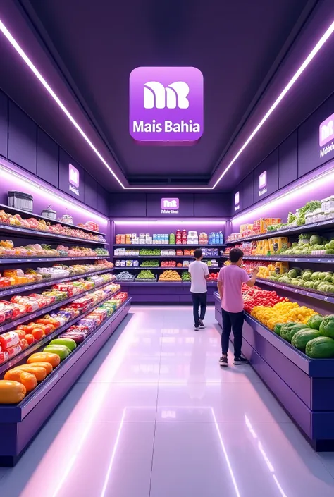 supermarket with the name MAIS BAHIA, where the logo has colors that match Purple and White 