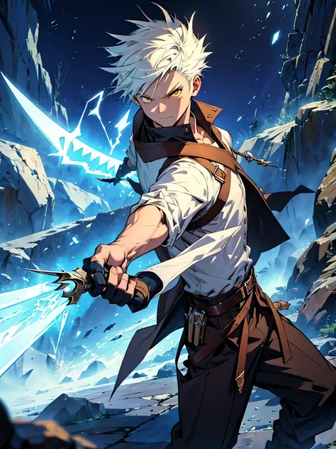 2 anime style wizard man, emanating ice energy, White and spiky hair, yellow eyes, (((holding a small sickle))), Wearing a white button down shirt, wearing black pants, Wearing a brown belt, Wearing brown boots, wearing half finger tactical gloves, wearing...