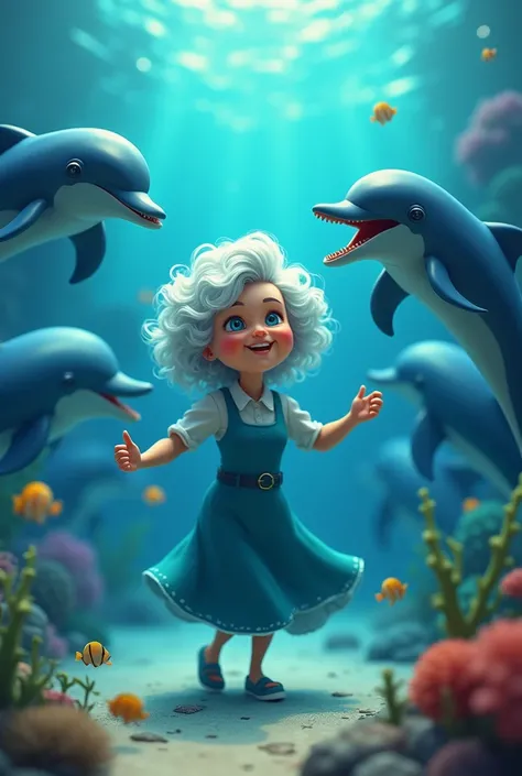 3D style disny 90age 
old woman with withe  blue curly hair with blue eyes Dancing with dolphins