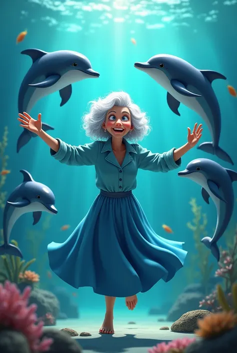 3D style disny 90age 
old woman with withe  blue curly hair with blue eyes Dancing with dolphins