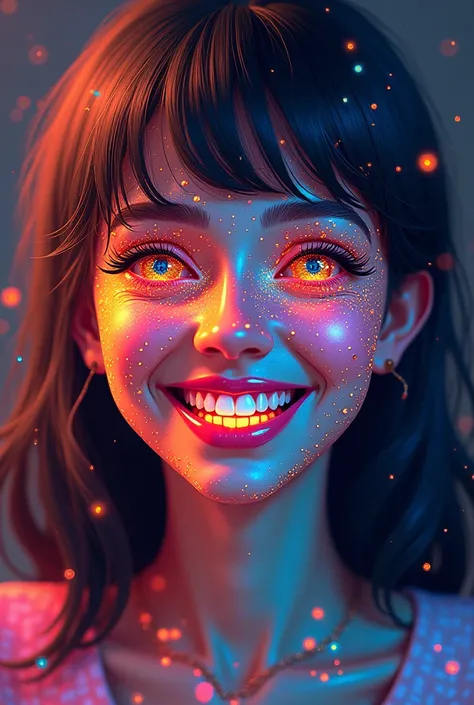 Abstract digital painting of a woman smiling happily, your face is made of radiant geometric objects, circles, squaret, and other intricate patterns and lines straight hair