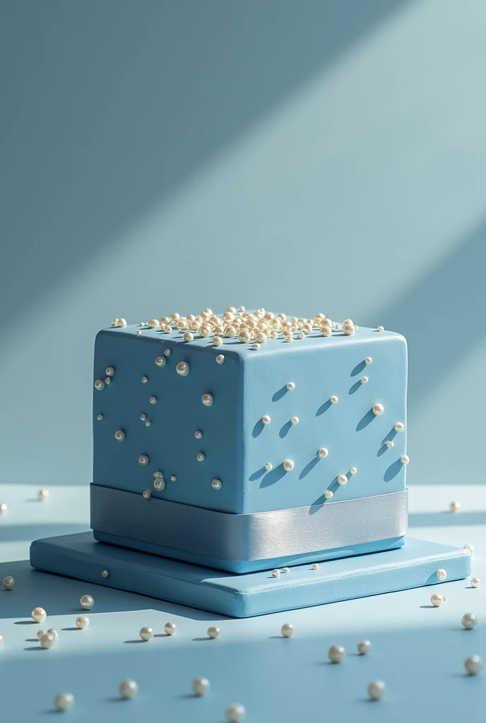 A large square base cake in bluish color with ribbon around it with pearls glued around the cake scattered