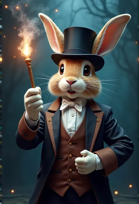 Dress up as a rabbit as a magician. He carried a magic wand. .obvious . 8K . Full portrait. The appearance of the rabbit is complete. Details of the full image.Full image of a rabbit