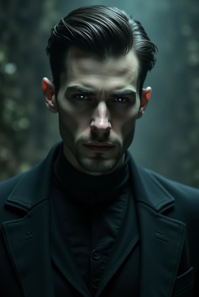 A handsome and mysterious man, seductive and elegant. With white skin, black hair and a short cut. He has glass eyes and uses them to seduce and kill two victims. He is in a nocturnal environment. 30 year old man, masculine.