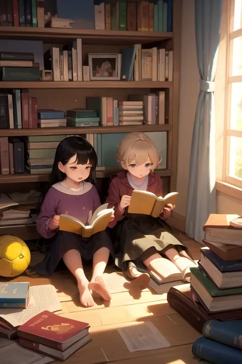 One reading a book with one next to her holding a ball with several piles of books behind them, they are in a very pleasant space, these children are very happy, they are very beautiful.