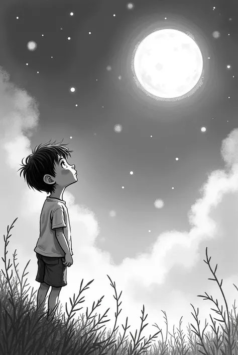 Sketch of a boy, looking at the moon