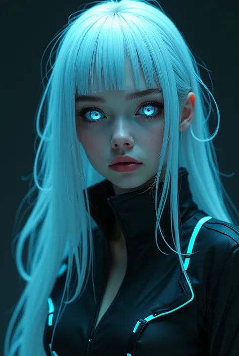 a white haired girl with cyan eyes and white eyelashes with cyberpunk outfit with black white and cyan as color scheme