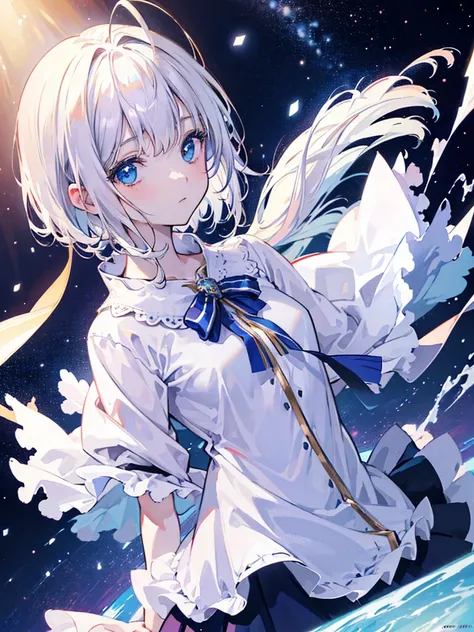  (8K, 4K, Best Quality, High Resolution: 1.2) ,1 girl, megami magazine, white hair, short hair, blue eyes ,1girl, arms crossed, in the center of the universe, ((anime style)), white shirt, soft colors, colorful background, space background, soft brushstrok...