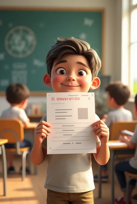 A boy with a low grade proudly showing his report card