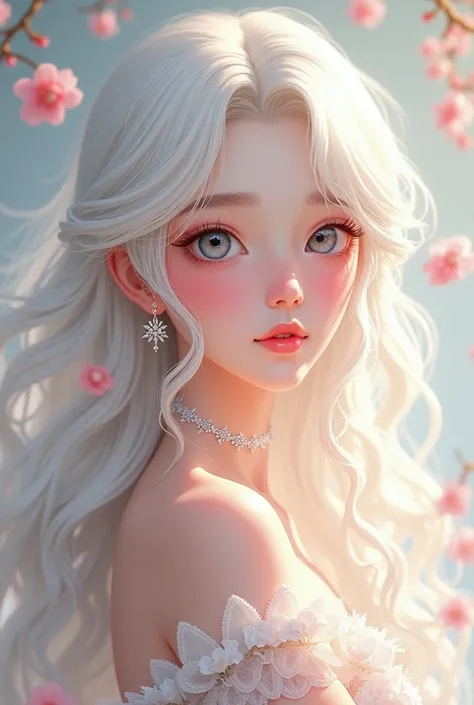 A 1 female 2d character for a manhwa, with white complexion; White-haired girl with long, wavy hair; with super clear silver eyes to the point that they look white. She has a very tender and sweet face.. Your eyes are quite expressive and your cheeks are f...