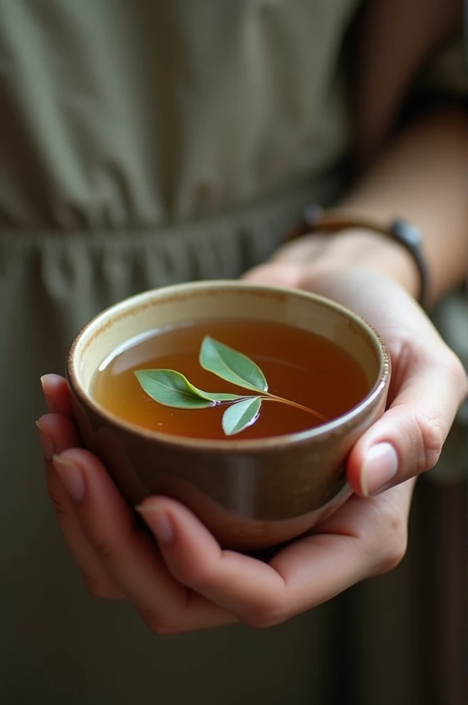 A close-up of a hand holding a cup of tea with bay leaves floating delicately in the liquid, capturing the serenity of a tea break.
