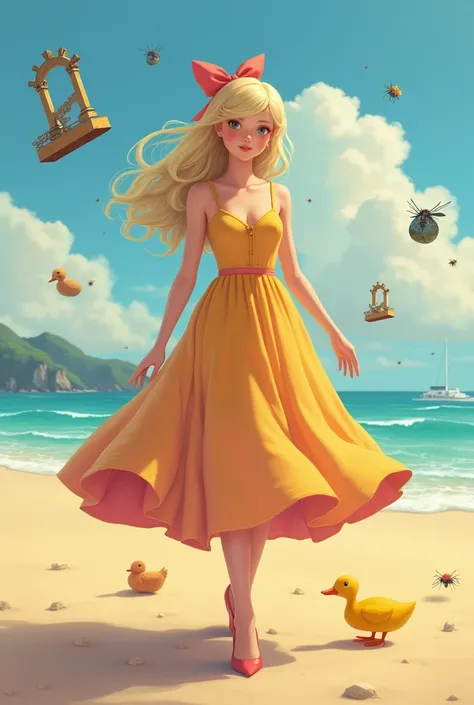   blonde in bow and dress on the beach with a mousetrap, a Duck and other small insects around it