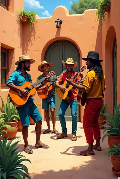 Drawing of 4 musicians playing guitar and cajon in a dirt patio 