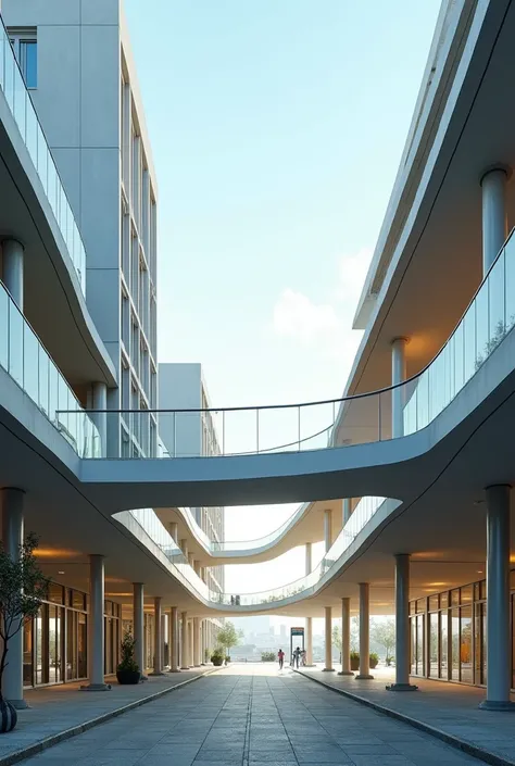 Create a covered walkway elevated from the ground, connecting two buildings in a more organic way, with modern curves , com pilares, must be closed on the sides, the buildings must be far apart

