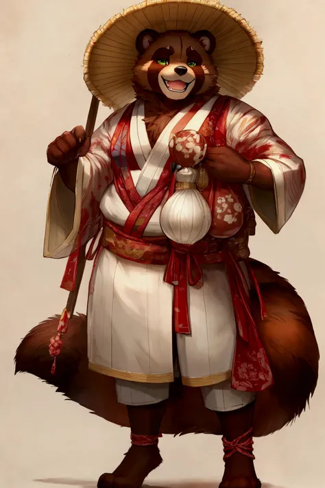 male tanuki, portly, grinning, fluffy fur, green eyes, big fluffy tail, digitigrade legs, paws, wearing feudal japanese style clothing, big straw hat, backpack, sake gourd hanging from his hip, by akatan