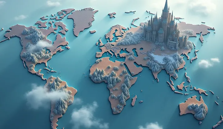 A world map, that has ten continents being respectively:
 one with snowy mountains one with a desert one with forests and cities one with a large ocean one with a large castle one with a continent covered in fog. 
for an RPG that has no resemblance to the ...