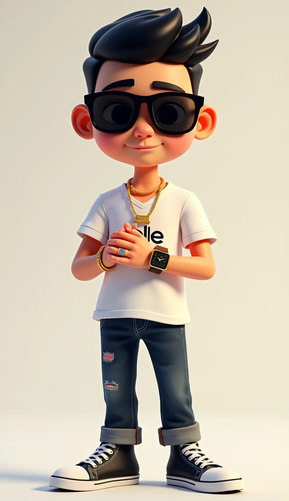 Create a 3D cartoon image of a boy
a boy with a clean face, 
(black hair, very short hair, hair standing straight in the front, set up , shorthair ), 
(wearing a gold necklace under the shirt), (wearing black teardrop sunglasses "Rayban model ORB3026"), (w...