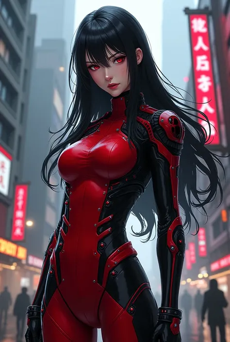 A long black haired japanese militar general woman with white skin and red eyes with cyberpunk outfit with red and black as color schemes in marvel comics art style