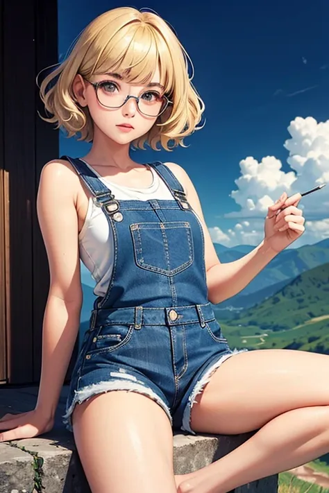 of the highest quality，masterpiece，of the highest quality，(pop art style),flat color，fun, honor student, 10 years，round glasses，short length，curly hair, blonde hair, romantic, blunt bangs，thick eyebrows，Girl in shorts and denim overalls、Tank top, Lying wit...