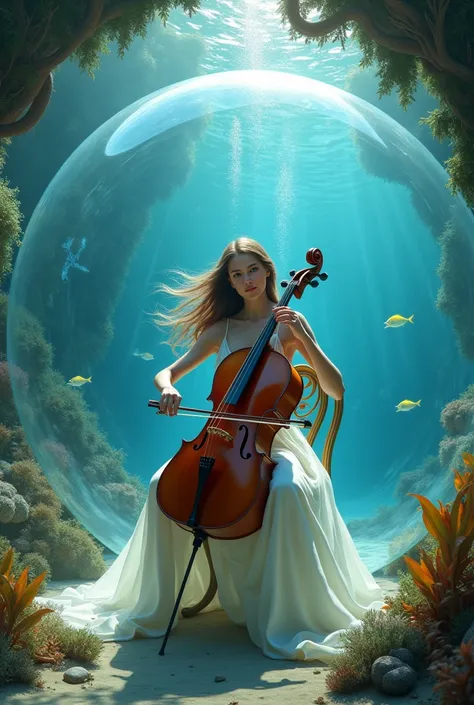 a very realistic, clear and colorful image of a young girl in her twenties playing cello inside a bubble under the sea. She is sitting on an elegant chair and she wears a beautiful long white dress. 