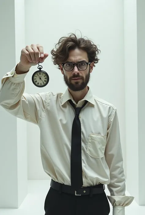 thin man , young, White skin , barba , dark brown disheveled hair , shirt and tie disheveled , thin frame glasses , teacher appearance , in a white room holding a pocket watch to hypnotize