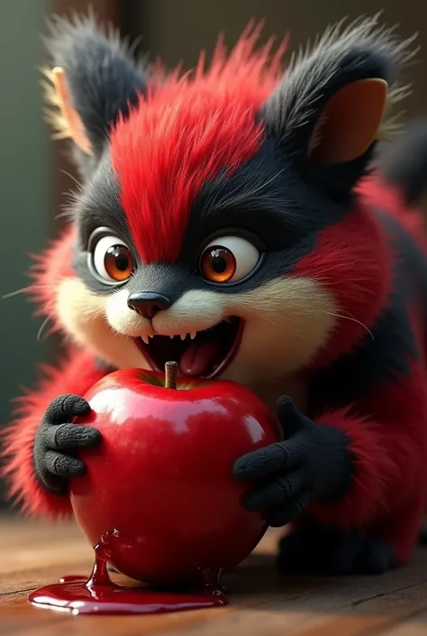 Furry, swallowing a apple, red and black fur, saliva