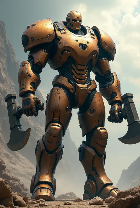 A superhero who wears a big Iron suit with a big Hammer and axe