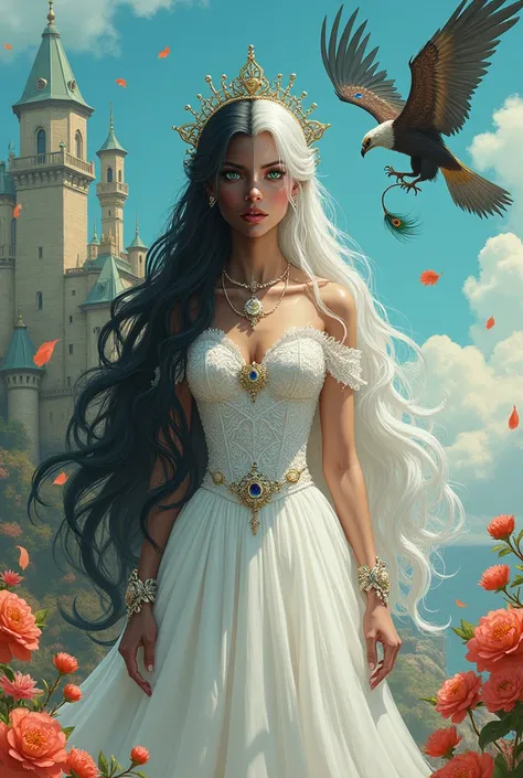 Black skinned princess, with two sides of a face. She has long black hair and clear vibrant blue eyes and on the other side white hair and white eyes. She wears a wedding dress and iron gloves on her hands and in her hair she has a brooch with a peacock fe...