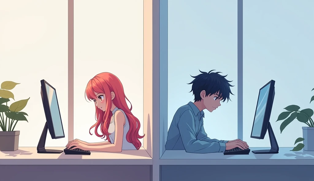 A girl using her computer, a wall dividing the screen in the middle and on the other side a boy also using the computer. Anime version