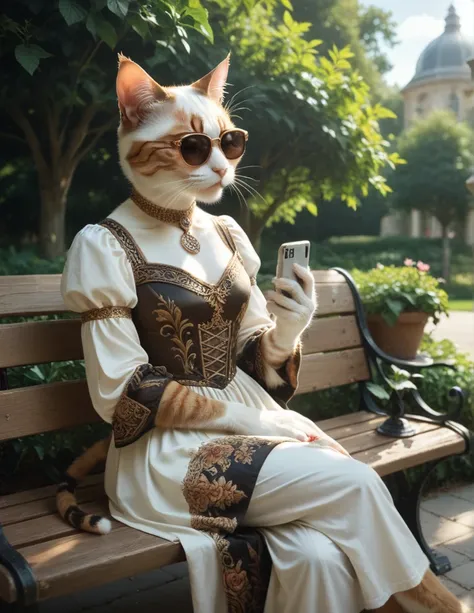 A ((cat-woman, beautiful, white fur, brown fur, persian)), detailed fur, wearing a detailed medieval dress, sitting on a park bench, crossed legs, holding one cellphone, sunglasses, god rays, garden lots of details