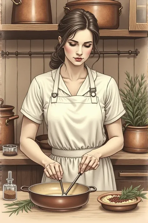 Make a vintage drawing of a woman cook 