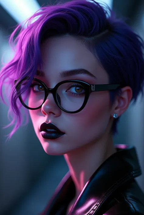 Girl with short purple hair with glasses and black painted lips 