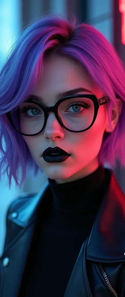 Girl with short purple hair with glasses and black painted lips 